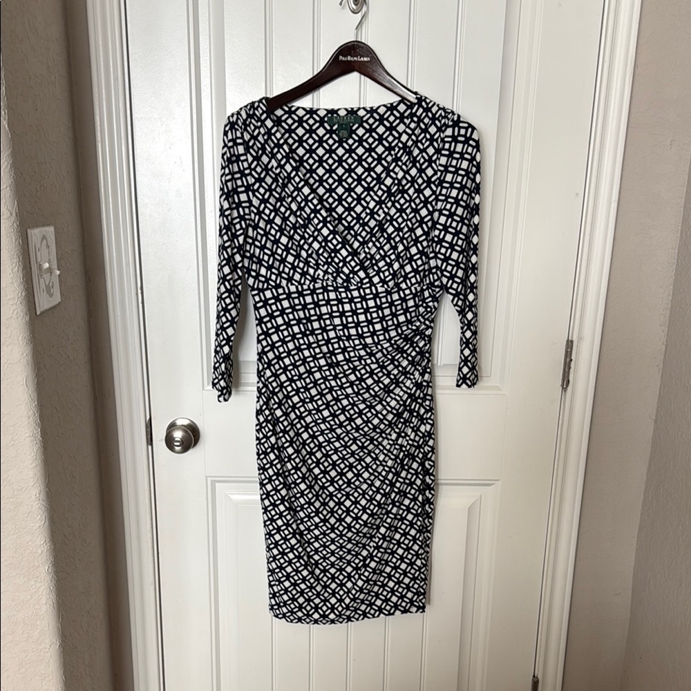 Lauren Ralph Lauren Black and White Ruched Wrap Dress